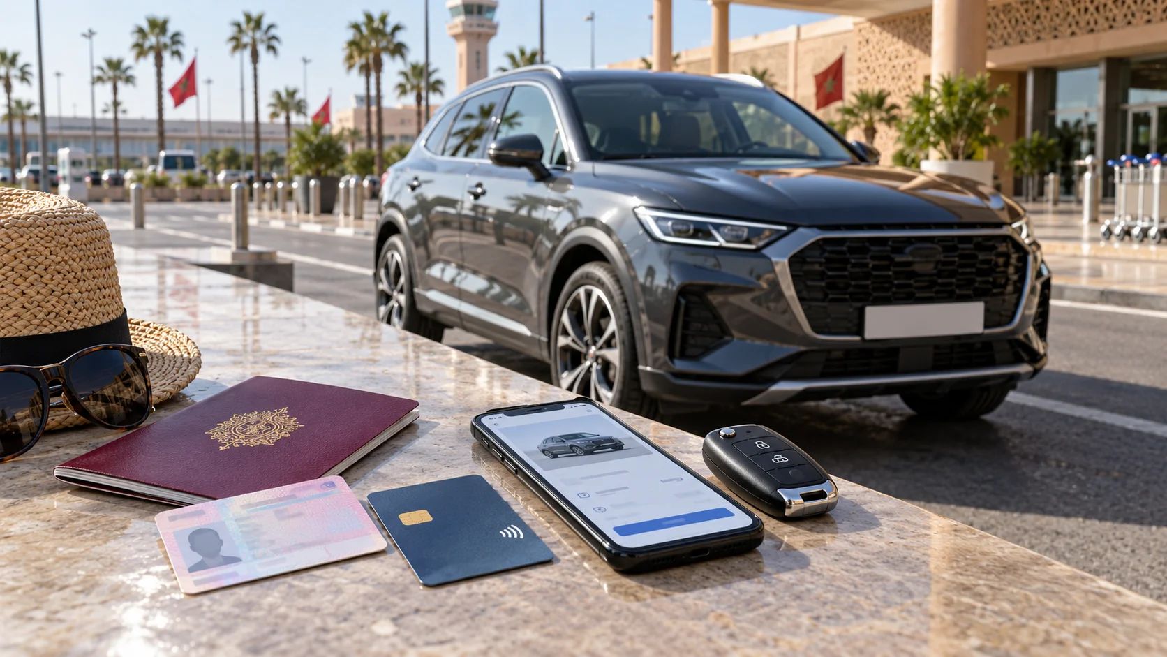 Documenti di guida e chiave dell'auto a noleggio preparati per il ritiro del veicolo all'aeroporto di Agadir Al Massira. come prenotare un'auto a noleggio ad Agadir