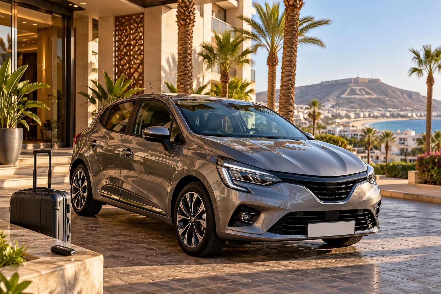 last minute car rental agadir, Compact rental car prepared for hotel delivery in Agadir, Morocco.
