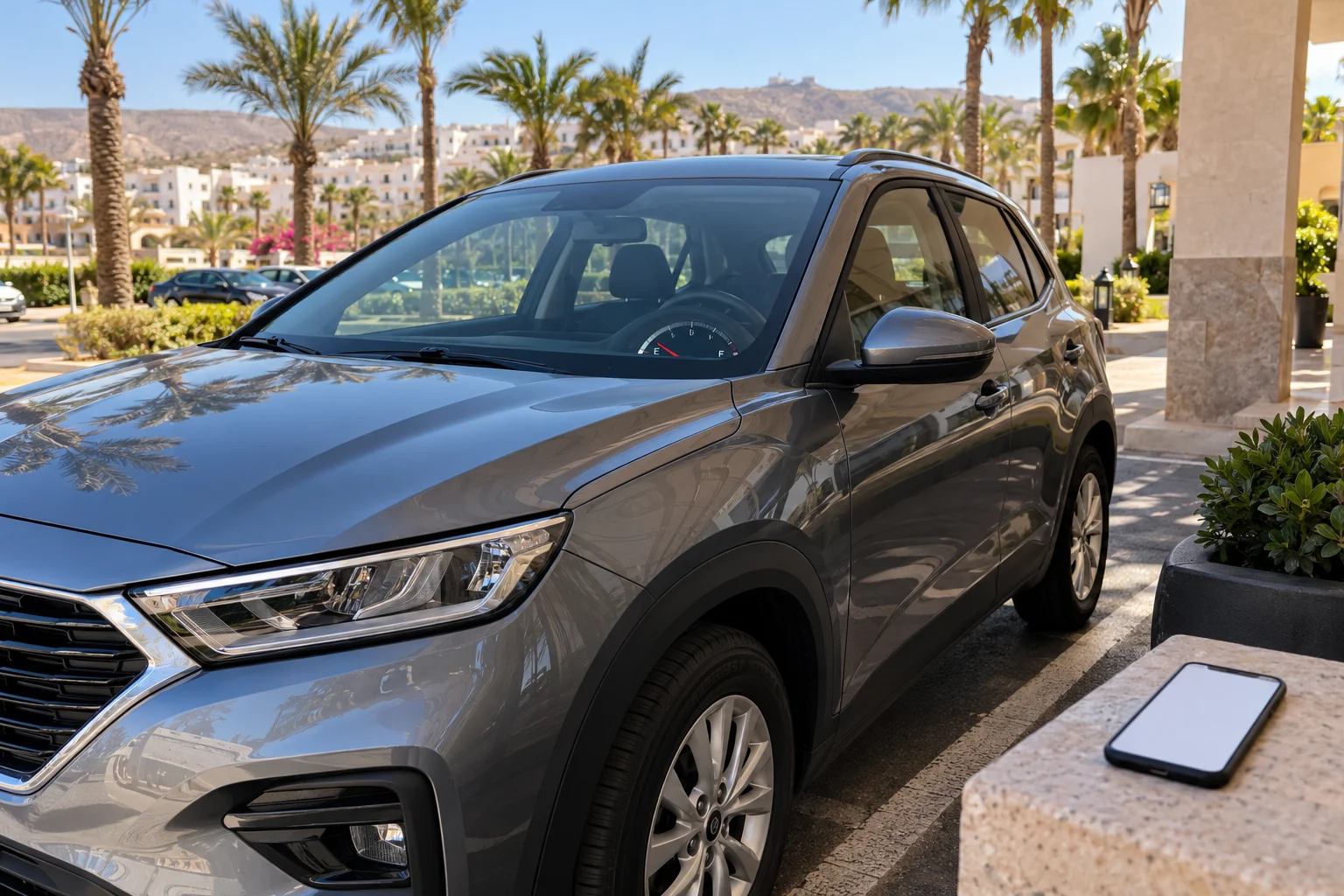 local car hire agadir, Rental car ready for a pickup inspection at a hotel parking area in Agadir.