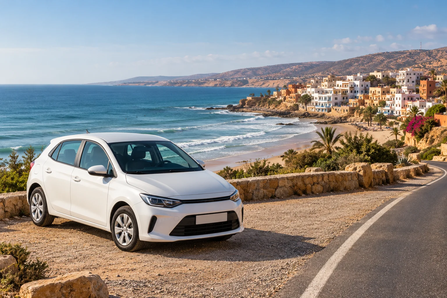 White rental car on the coastal road near Taghazout north of Agadir, overlooking the Atlantic Ocean. rental car or taxi agadir