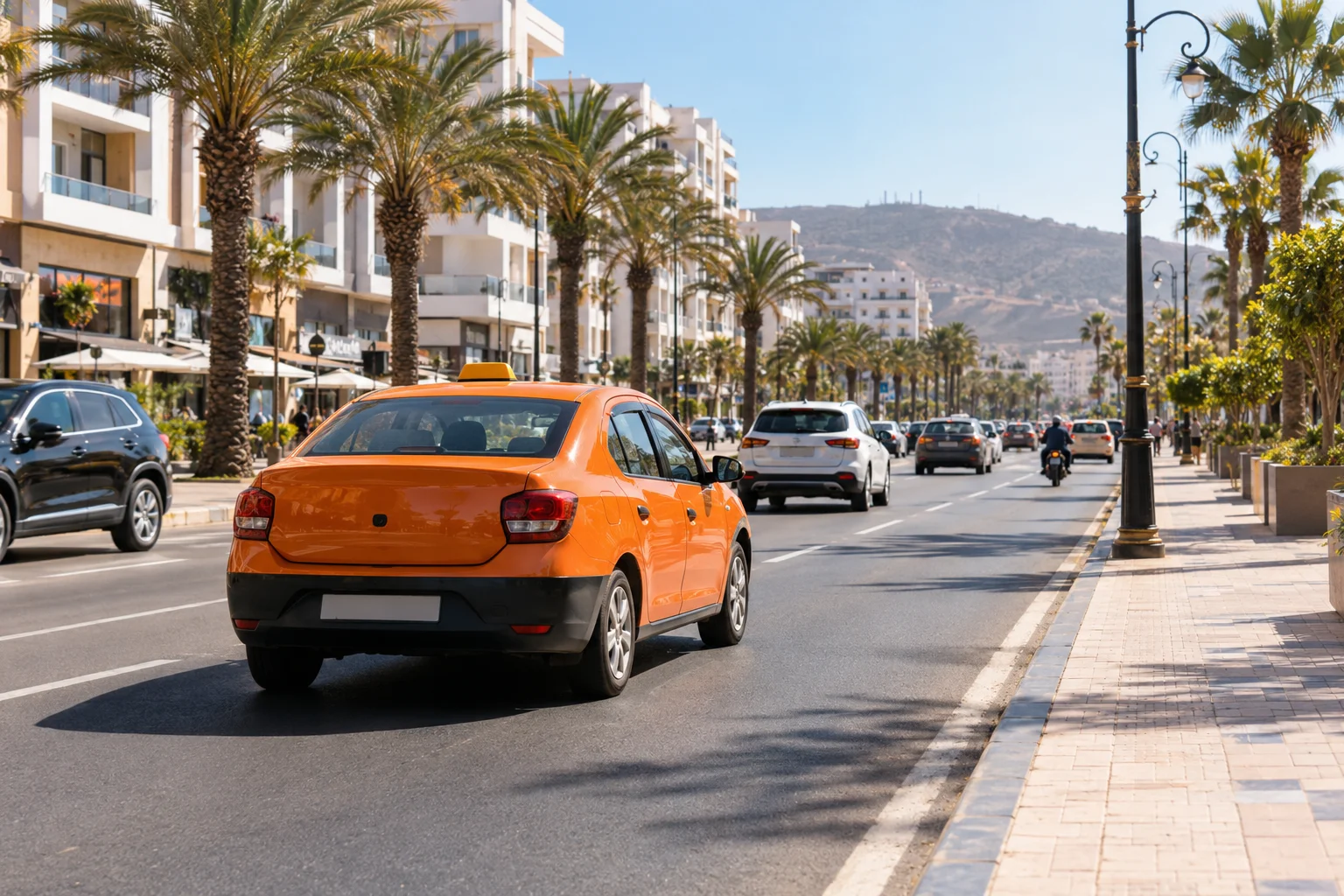 Lokale petit taxi rijdend langs een met palmen omzoomde weg in Agadir, Marokko. heb ik een auto nodig in Agadir