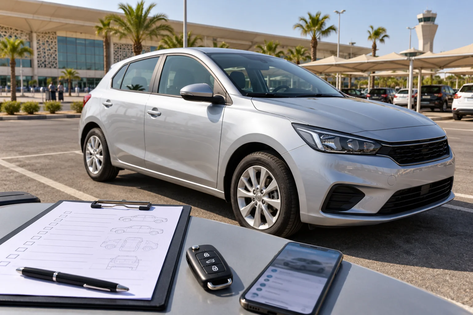 Rental car inspection checklist beside a silver hatchback at Agadir Airport. best car hire agadir